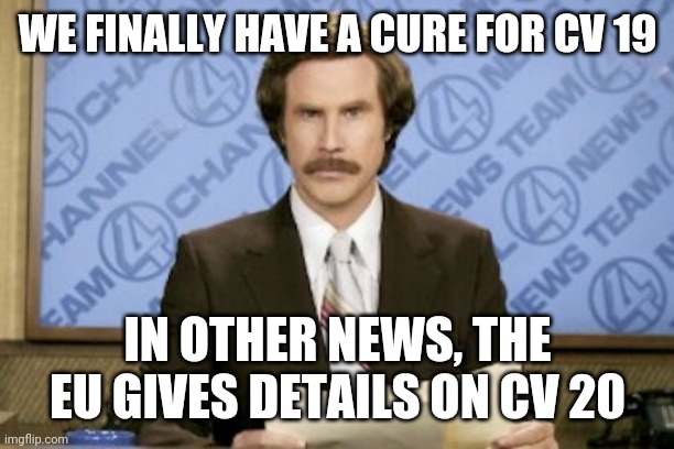 C'mon | WE FINALLY HAVE A CURE FOR CV 19; IN OTHER NEWS, THE EU GIVES DETAILS ON CV 20 | image tagged in memes,ron burgundy | made w/ Imgflip meme maker