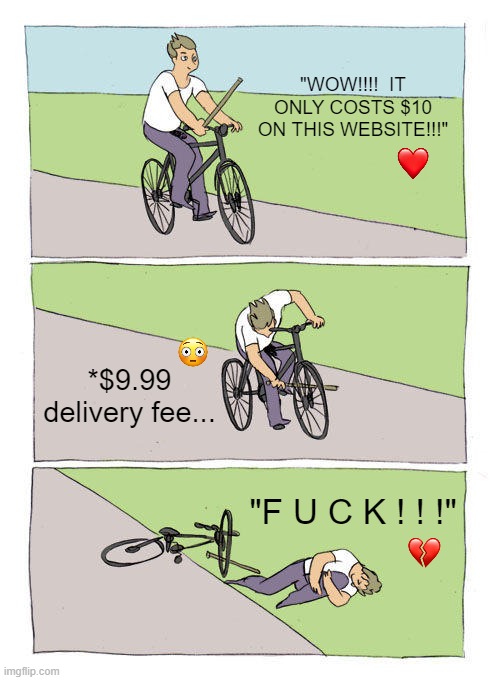 They'll Nickel & Dime You... | "WOW!!!!  IT ONLY COSTS $10 ON THIS WEBSITE!!!"; *$9.99 delivery fee... "F U C K ! ! !" | image tagged in memes,bike fall | made w/ Imgflip meme maker