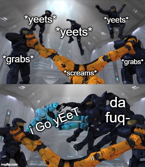 uhm idk if this is how you were supposed to use the template but *thumbs up* | *yeets*; *yeets*; *yeets*; *grabs*; *grabs*; *screams*; da fuq-; i Go yEeT | image tagged in carolina meme template | made w/ Imgflip meme maker