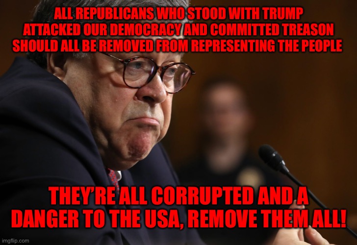 Bill Barr | ALL REPUBLICANS WHO STOOD WITH TRUMP ATTACKED OUR DEMOCRACY AND COMMITTED TREASON SHOULD ALL BE REMOVED FROM REPRESENTING THE PEOPLE; THEY’RE ALL CORRUPTED AND A DANGER TO THE USA, REMOVE THEM ALL! | image tagged in bill barr | made w/ Imgflip meme maker