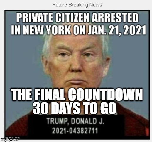 Soon to be American's Most Wanted - CRIMINAL | 30 DAYS TO GO; THE FINAL COUNTDOWN | image tagged in countdown,lock him up,trump goes to jail,criminal tax fraud,bank fraud,insurance fraud | made w/ Imgflip meme maker