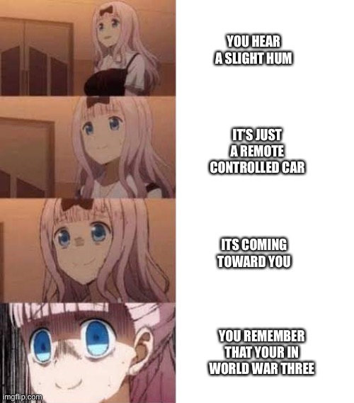 Scared anime girl | YOU HEAR A SLIGHT HUM; IT’S JUST A REMOTE CONTROLLED CAR; ITS COMING TOWARD YOU; YOU REMEMBER THAT YOUR IN WORLD WAR THREE | image tagged in scared anime girl | made w/ Imgflip meme maker