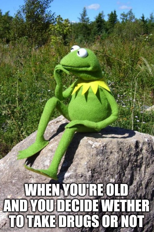 Kermit-thinking | WHEN YOU'RE OLD AND YOU DECIDE WETHER TO TAKE DRUGS OR NOT | image tagged in kermit-thinking | made w/ Imgflip meme maker