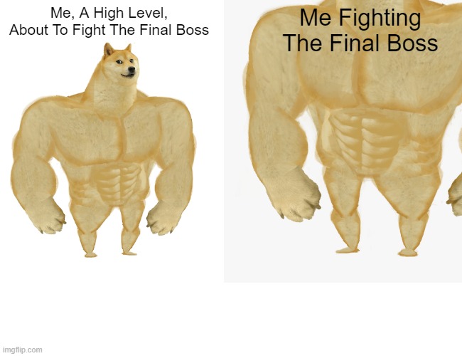 buff doge vs cheems | Me, A High Level, About To Fight The Final Boss; Me Fighting The Final Boss | image tagged in memes | made w/ Imgflip meme maker