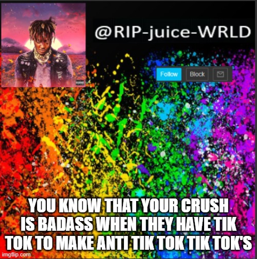 YOU KNOW THAT YOUR CRUSH IS BADASS WHEN THEY HAVE TIK TOK TO MAKE ANTI TIK TOK TIK TOK'S | image tagged in juice | made w/ Imgflip meme maker