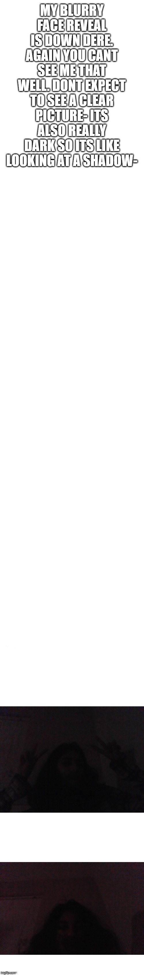 lmao you cant see me- ima do a real face reveal idk when ;-; i told ya its dark and blurry- | MY BLURRY FACE REVEAL IS DOWN DERE. AGAIN YOU CANT SEE ME THAT WELL. DONT EXPECT TO SEE A CLEAR PICTURE- ITS ALSO REALLY DARK SO ITS LIKE LOOKING AT A SHADOW- | image tagged in long white template | made w/ Imgflip meme maker