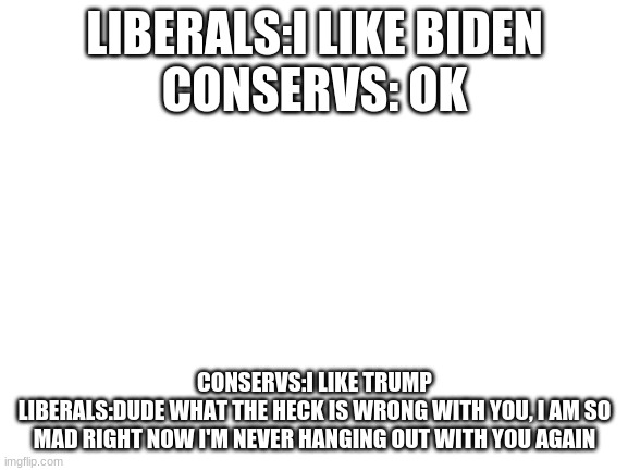 Lol | LIBERALS:I LIKE BIDEN
CONSERVS: OK; CONSERVS:I LIKE TRUMP
LIBERALS:DUDE WHAT THE HECK IS WRONG WITH YOU, I AM SO MAD RIGHT NOW I'M NEVER HANGING OUT WITH YOU AGAIN | image tagged in blank white template | made w/ Imgflip meme maker