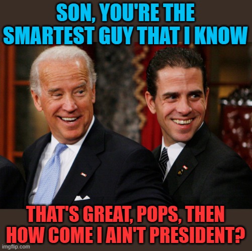 Like fada like son | SON, YOU'RE THE SMARTEST GUY THAT I KNOW; THAT'S GREAT, POPS, THEN HOW COME I AIN'T PRESIDENT? | image tagged in hunter biden crack head,joe biden,smarts,not | made w/ Imgflip meme maker