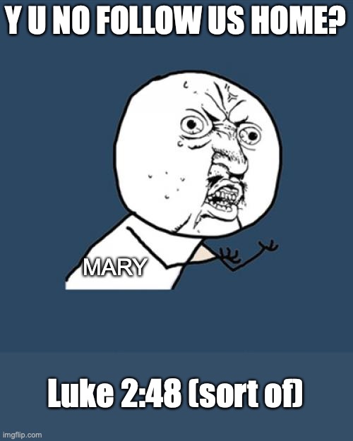 Y U No | Y U NO FOLLOW US HOME? MARY; Luke 2:48 (sort of) | image tagged in memes,y u no | made w/ Imgflip meme maker