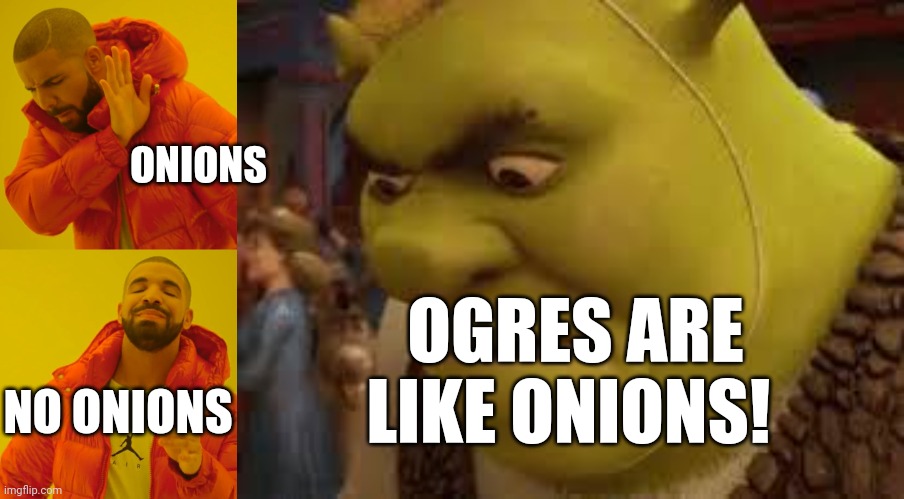 OGRES ARE LIKE ONIONS! ONIONS; NO ONIONS | image tagged in memes,drake hotline bling,mad boi | made w/ Imgflip meme maker