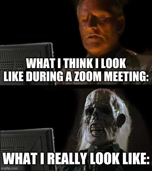 I'll Just Wait Here | WHAT I THINK I LOOK LIKE DURING A ZOOM MEETING:; WHAT I REALLY LOOK LIKE: | image tagged in memes,i'll just wait here | made w/ Imgflip meme maker