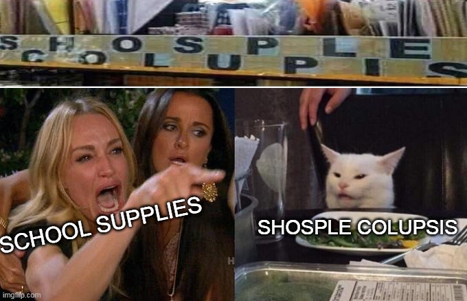 Cat | SCHOOL SUPPLIES; SHOSPLE COLUPSIS | image tagged in memes,woman yelling at cat | made w/ Imgflip meme maker