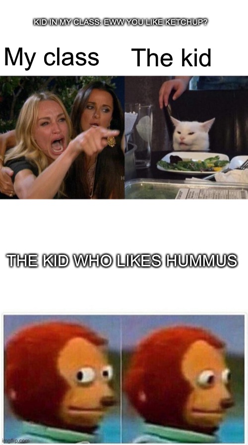 Pretty true kinda happened Ngl | KID IN MY CLASS: EWW YOU LIKE KETCHUP? My class; The kid; THE KID WHO LIKES HUMMUS | image tagged in memes,woman yelling at cat,monkey puppet | made w/ Imgflip meme maker