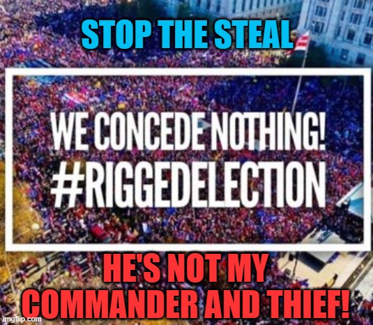 STOP THE STEAL; HE'S NOT MY COMMANDER AND THIEF! | STOP THE STEAL; HE'S NOT MY COMMANDER AND THIEF! | image tagged in riggedelection | made w/ Imgflip meme maker