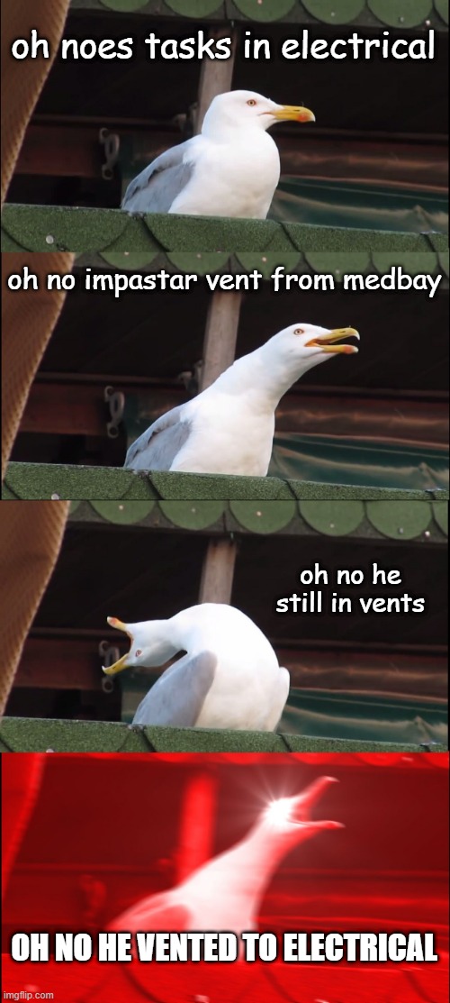 a | oh noes tasks in electrical; oh no impastar vent from medbay; oh no he still in vents; OH NO HE VENTED TO ELECTRICAL | image tagged in memes,inhaling seagull | made w/ Imgflip meme maker