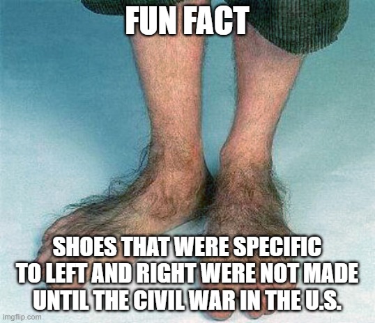 Hairy feet  | FUN FACT; SHOES THAT WERE SPECIFIC TO LEFT AND RIGHT WERE NOT MADE UNTIL THE CIVIL WAR IN THE U.S. | image tagged in hairy feet | made w/ Imgflip meme maker