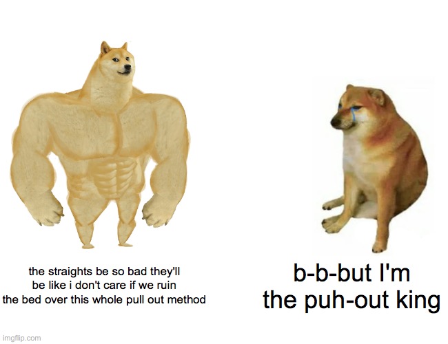 Buff Doge vs. Cheems | the straights be so bad they'll be like i don't care if we ruin the bed over this whole pull out method; b-b-but I'm the puh-out king | image tagged in memes,buff doge vs cheems,straight | made w/ Imgflip meme maker