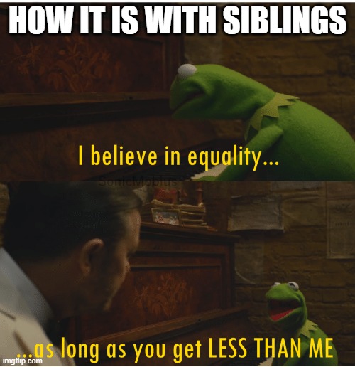 I believe in equality meme | HOW IT IS WITH SIBLINGS | image tagged in i believe in equality meme | made w/ Imgflip meme maker