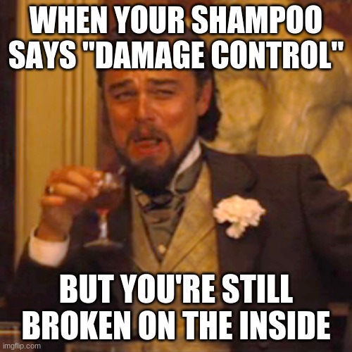 Oof moment | WHEN YOUR SHAMPOO SAYS "DAMAGE CONTROL"; BUT YOU'RE STILL BROKEN ON THE INSIDE | image tagged in memes,laughing leo | made w/ Imgflip meme maker