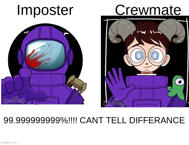 Buff Doge vs. Cheems Meme | Imposter; Crewmate; 99.999999999%!!!! CANT TELL DIFFERANCE | image tagged in memes,buff doge vs cheems | made w/ Imgflip meme maker