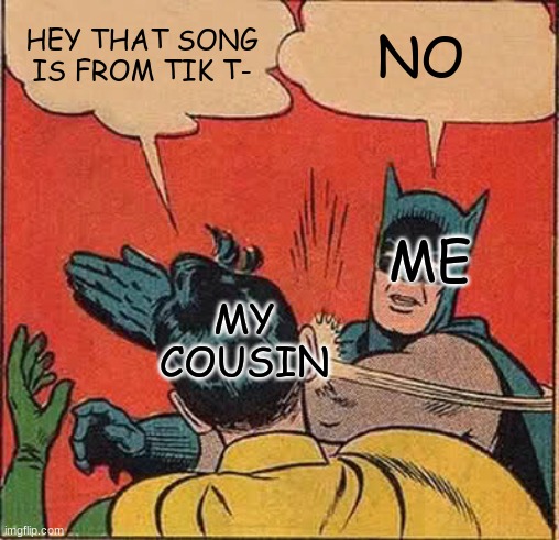 yes | HEY THAT SONG IS FROM TIK T-; NO; ME; MY COUSIN | image tagged in memes,batman slapping robin | made w/ Imgflip meme maker