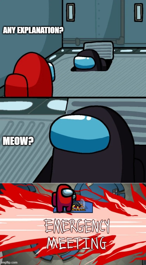 ANY EXPLANATION? MEOW? | image tagged in impostor of the vent,emergency meeting | made w/ Imgflip meme maker