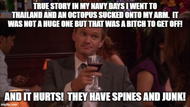 Barney Stinson True Story | TRUE STORY IN MY NAVY DAYS I WENT TO THAILAND AND AN OCTOPUS SUCKED ONTO MY ARM.  IT WAS NOT A HUGE ONE BUT THAT WAS A BITCH TO GET OFF! AND | image tagged in barney stinson true story | made w/ Imgflip meme maker