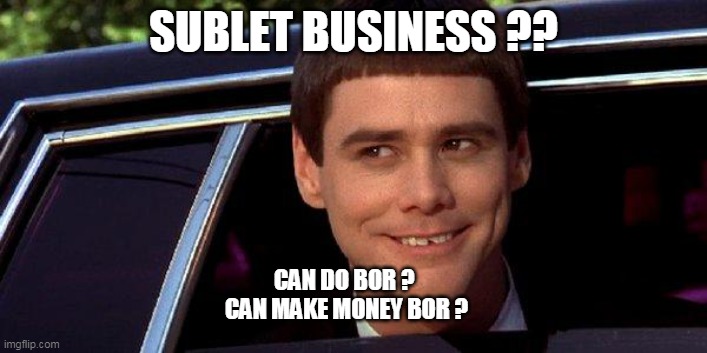 dumb and dumber | SUBLET BUSINESS ?? CAN DO BOR ? 
CAN MAKE MONEY BOR ? | image tagged in dumb and dumber | made w/ Imgflip meme maker