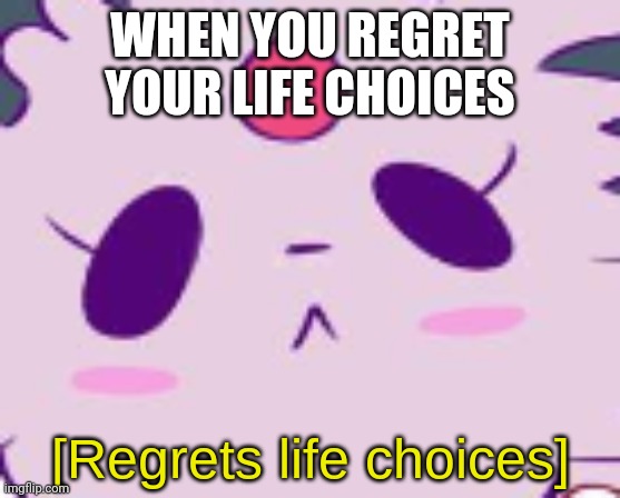 [Regrets life choices] (Centered text box version) | WHEN YOU REGRET YOUR LIFE CHOICES | image tagged in regrets life choices centered text box version | made w/ Imgflip meme maker