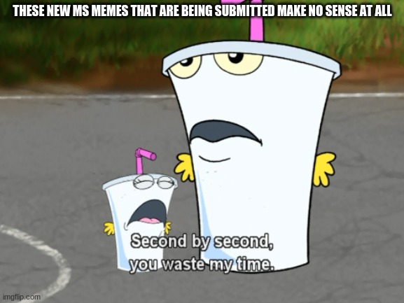 it's just someone making memes about the titles of templates and stuff.. | THESE NEW MS MEMES THAT ARE BEING SUBMITTED MAKE NO SENSE AT ALL | image tagged in second by second you waste my time | made w/ Imgflip meme maker