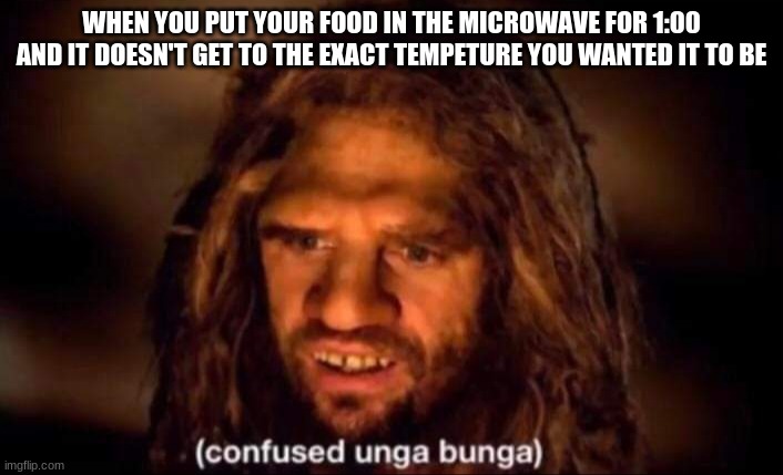 Confused Unga Bunga | WHEN YOU PUT YOUR FOOD IN THE MICROWAVE FOR 1:00 AND IT DOESN'T GET TO THE EXACT TEMPETURE YOU WANTED IT TO BE | image tagged in confused unga bunga | made w/ Imgflip meme maker