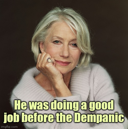 Helen Mirren | He was doing a good job before the Dempanic | image tagged in helen mirren | made w/ Imgflip meme maker