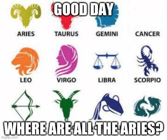 Hello , where are you guys? | GOOD DAY; WHERE ARE ALL THE ARIES? | image tagged in zodiac signs | made w/ Imgflip meme maker