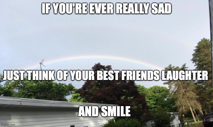 Or someone you truly care about | IF YOU'RE EVER REALLY SAD; JUST THINK OF YOUR BEST FRIENDS LAUGHTER; AND SMILE | image tagged in double rainbow | made w/ Imgflip meme maker