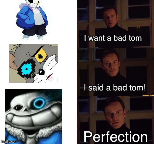 BAD TOM | I want a bad tom; I said a bad tom! Perfection | image tagged in perfection,sr pelo,bad tom,saness,you're gonna have a bad time,sans undertale | made w/ Imgflip meme maker
