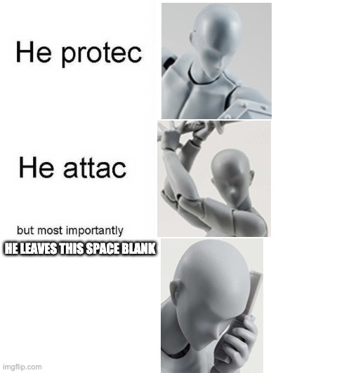 He leaves this space blank | HE LEAVES THIS SPACE BLANK | image tagged in he protec he attac but most importantly,funny memes,humerous | made w/ Imgflip meme maker