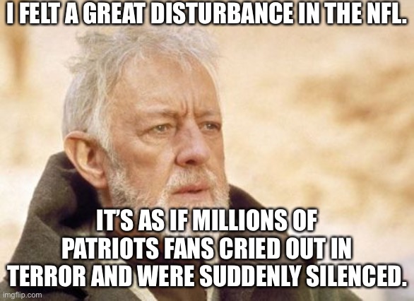 Sudden Disturbance | I FELT A GREAT DISTURBANCE IN THE NFL. IT’S AS IF MILLIONS OF PATRIOTS FANS CRIED OUT IN TERROR AND WERE SUDDENLY SILENCED. | image tagged in memes,obi wan kenobi,patriots,nfl playoffs | made w/ Imgflip meme maker