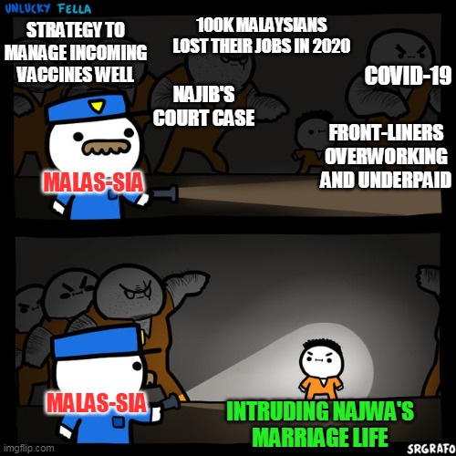 Malaysia be like | STRATEGY TO MANAGE INCOMING VACCINES WELL; 100K MALAYSIANS LOST THEIR JOBS IN 2020; COVID-19; NAJIB'S
COURT CASE; FRONT-LINERS OVERWORKING AND UNDERPAID; MALAS-SIA; MALAS-SIA; INTRUDING NAJWA'S
MARRIAGE LIFE | image tagged in srgrafo prison | made w/ Imgflip meme maker