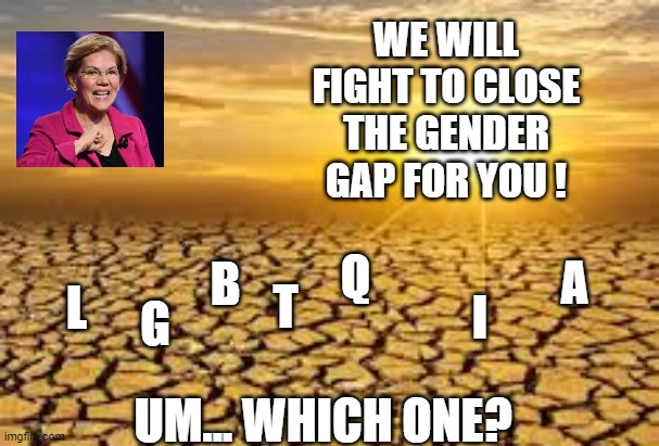 which gap | WE WILL FIGHT TO CLOSE THE GENDER GAP FOR YOU ! B; A; Q; T; L; G; I; UM... WHICH ONE? | image tagged in gaps,democrats,gender identity,gender equality,elizabeth warren | made w/ Imgflip meme maker