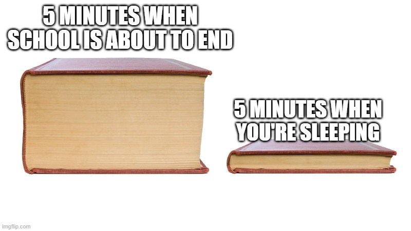 long book vs short book | 5 MINUTES WHEN SCHOOL IS ABOUT TO END; 5 MINUTES WHEN YOU'RE SLEEPING | image tagged in long book vs short book | made w/ Imgflip meme maker