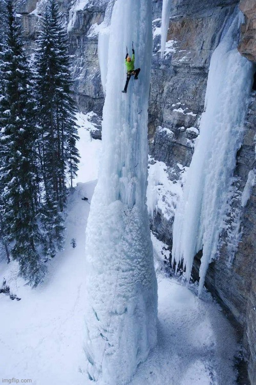 Frozen Waterfall Climber | image tagged in frozen,waterfall,climbing,crazy,awesome,pic | made w/ Imgflip meme maker