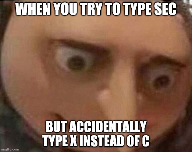 You all know it's happened before | WHEN YOU TRY TO TYPE SEC; BUT ACCIDENTALLY TYPE X INSTEAD OF C | image tagged in gru meme,oops,memes,lol | made w/ Imgflip meme maker
