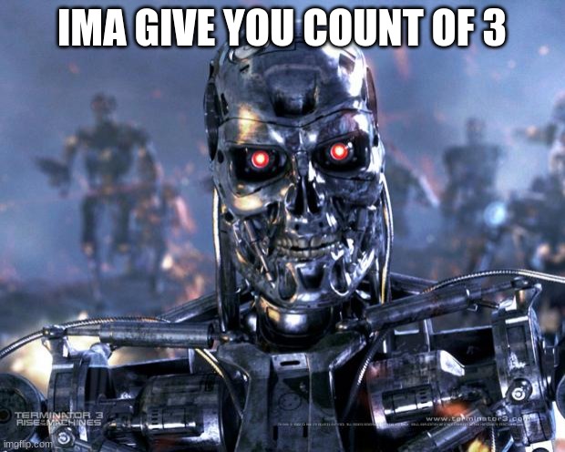Terminator Robot T-800 | IMA GIVE YOU COUNT OF 3 | image tagged in terminator robot t-800 | made w/ Imgflip meme maker
