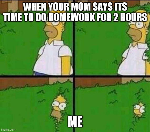 Homer Simpson in Bush - Large | WHEN YOUR MOM SAYS ITS TIME TO DO HOMEWORK FOR 2 HOURS; ME | image tagged in homer simpson in bush - large | made w/ Imgflip meme maker