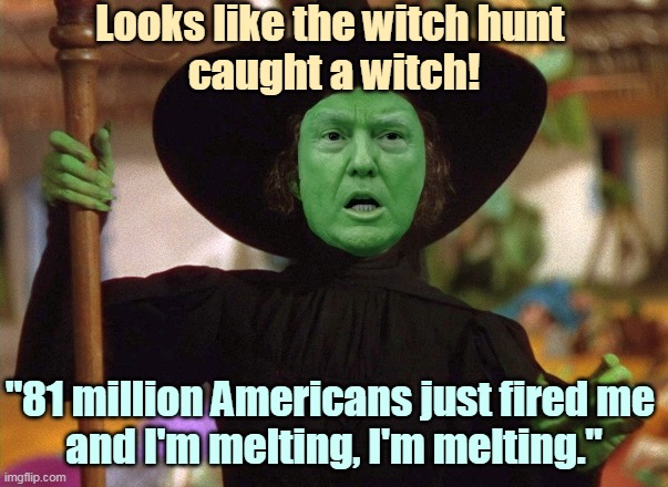 Nobody's ever been rejected by so many women in one day. | Looks like the witch hunt 
caught a witch! "81 million Americans just fired me 
and I'm melting, I'm melting." | image tagged in trump,wicked witch,loser | made w/ Imgflip meme maker