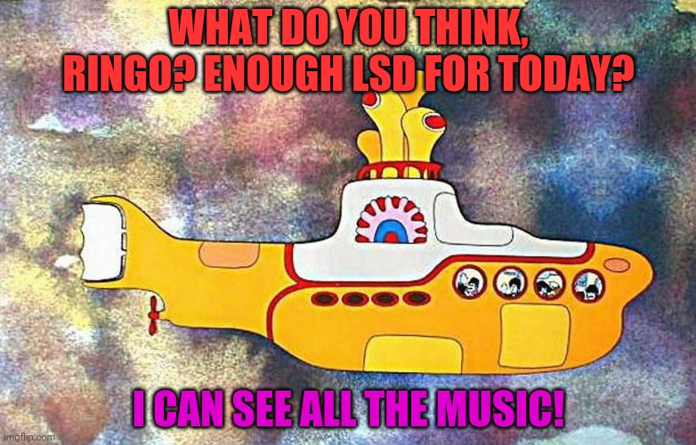 Yellow Submarine | WHAT DO YOU THINK, RINGO? ENOUGH LSD FOR TODAY? I CAN SEE ALL THE MUSIC! | image tagged in yellow submarine | made w/ Imgflip meme maker