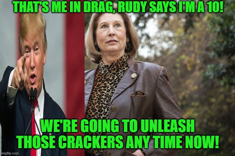 Unleash The Crackers! | THAT'S ME IN DRAG, RUDY SAYS I'M A 10! WE'RE GOING TO UNLEASH THOSE CRACKERS ANY TIME NOW! | image tagged in sidney the biden hunter,donald trump,kraken | made w/ Imgflip meme maker