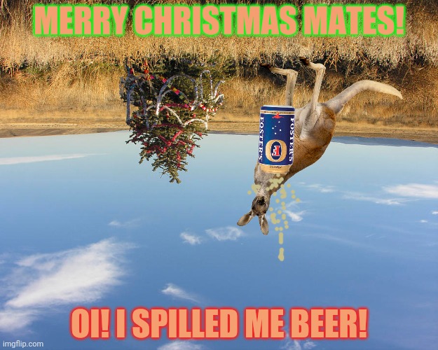 Australian Christmas! ??? | MERRY CHRISTMAS MATES! OI! I SPILLED ME BEER! | image tagged in meanwhile in australia,merry christmas,beer,kangaroo | made w/ Imgflip meme maker