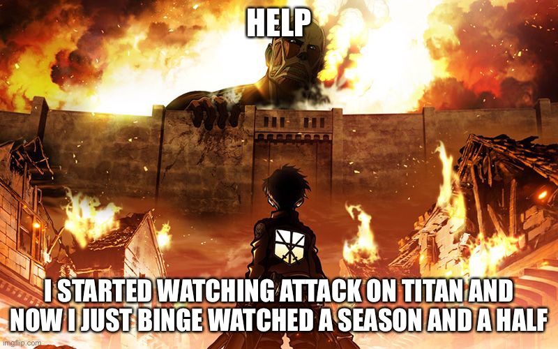 AHHHHHHH | HELP; I STARTED WATCHING ATTACK ON TITAN AND NOW I JUST BINGE WATCHED A SEASON AND A HALF | image tagged in attack on titan | made w/ Imgflip meme maker