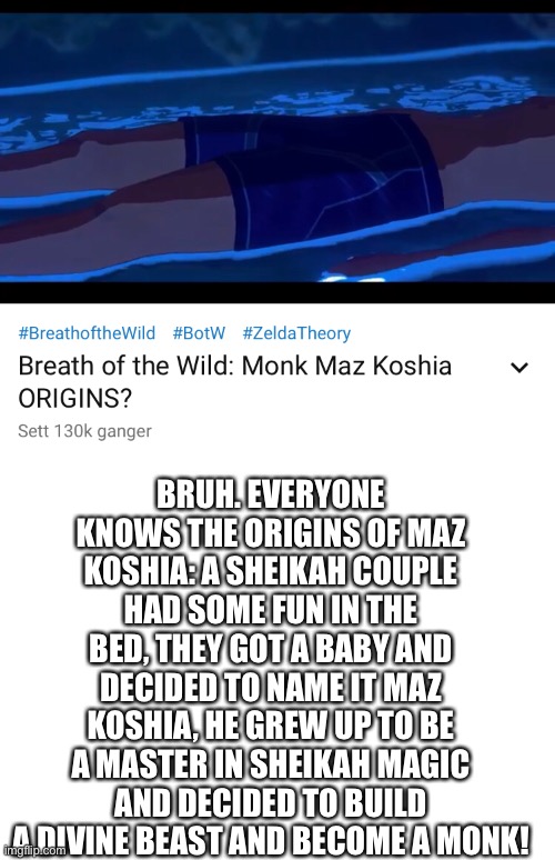 BRUH. EVERYONE KNOWS THE ORIGINS OF MAZ KOSHIA: A SHEIKAH COUPLE HAD SOME FUN IN THE BED, THEY GOT A BABY AND DECIDED TO NAME IT MAZ KOSHIA, HE GREW UP TO BE A MASTER IN SHEIKAH MAGIC AND DECIDED TO BUILD A DIVINE BEAST AND BECOME A MONK! | image tagged in blank white template,monk maz koshia,divine,botw,sheikah | made w/ Imgflip meme maker